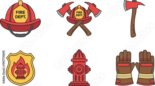 Firefighter Equipment Vector Illustration Set with Fire Dept Helmet Red Hydrant Crossed Axes Protective Gloves and Axe Pack