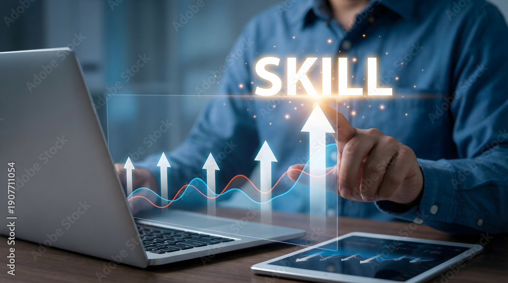 Fototapeta premium Business professional interacting with glowing virtual screen showcasing skill development and impro