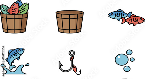 Fishing and Sea Life Vector Illustration Set with Colorful Fish in Wooden Bucket Metal Hook Jumping Fish and Water Bubbles