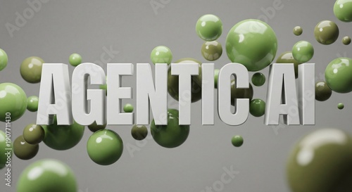Agentic AI 3D Typography on Abstract Background with Floating Green Spheres