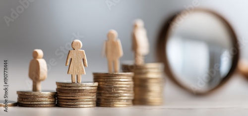 Concept photo illustrating gender pay gap. Figurines stand atop stacks of coins, woman on top, men below. Magnifying glass explores income disparity in business, finance, economics. Equality, wage
