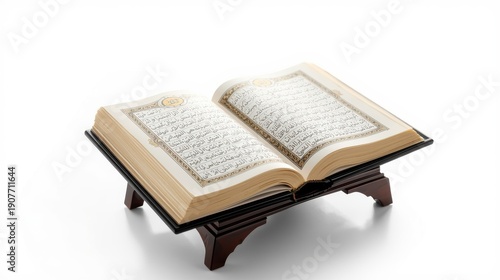 An open book with Arabic script on a wooden stand against a white background