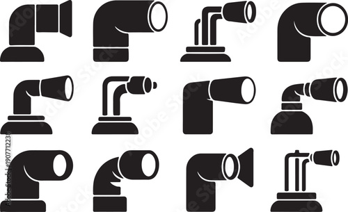 A collection of various black pipe elbow fittings and connectors on a white background for plumbing and industrial applications