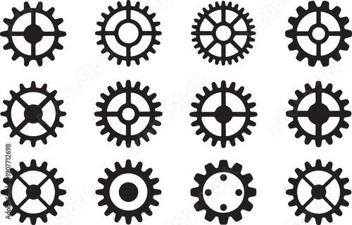 Collection of various gear icons in black silhouette on white background