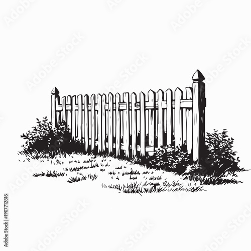 Wooden Fence in Garden Image Vector Isolated on White Background