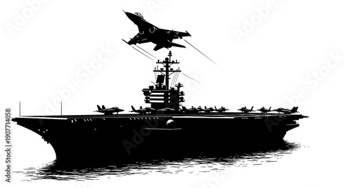 Military aircraft carrier with fighter jet taking off from deck