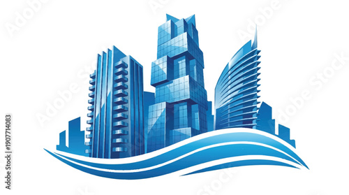 blue cityscape with modern skyscrapers and wavy lines  urban landscape