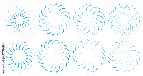 Abstract Blue Dotted Spiral Swirl Set of Circular Halftone Rotation Elements