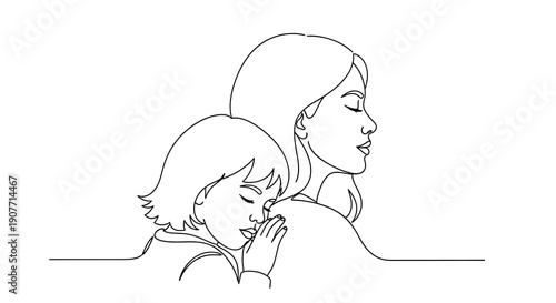 Woman and child sharing a tender moment together in a simple line drawing