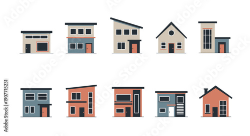 Collection of modern and traditional houses with diverse architectural styles.