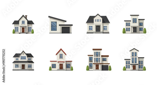 Collection of modern and traditional houses with various architectural styles.