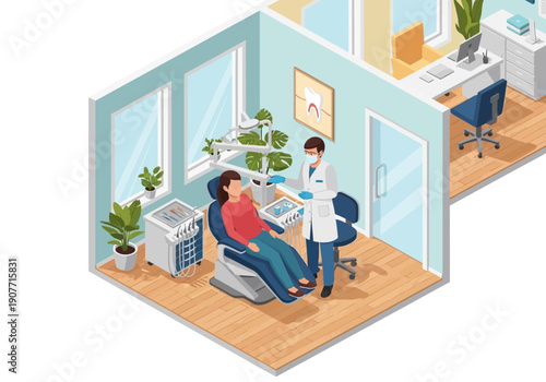 Dentist's office interior isometric view showing examination of a patient in a dental chair