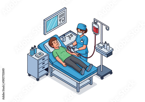 Medical professional attending to a patient during a blood donation procedure in a clinic setting