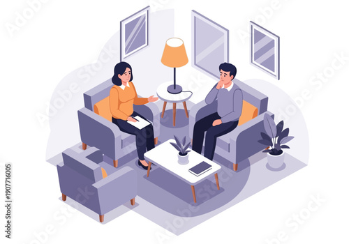 Mental health therapy session illustration with psychologist and patient discussing issues in a comfortable room