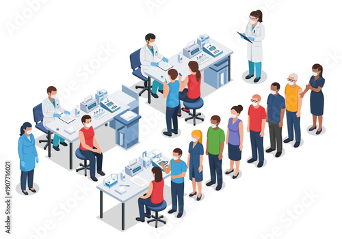 People lining up for vaccinations at a medical clinic with healthcare professionals administering shots
