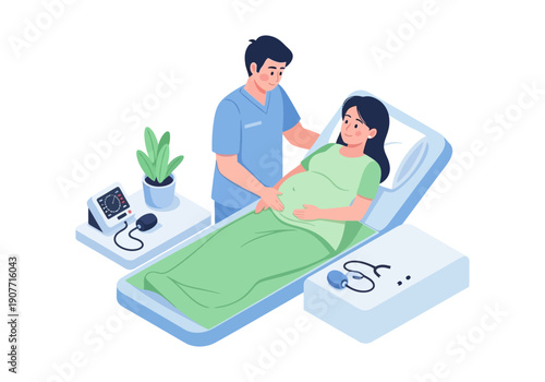 Pregnant woman with medical professional in examination room, healthcare and pregnancy checkup