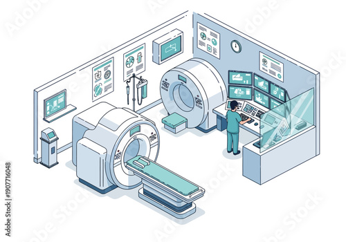 Advanced medical imaging technology in a sterile diagnostic laboratory setting with multiple machines and monitors