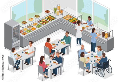 People enjoying meals in a bright and modern cafeteria with diverse food options