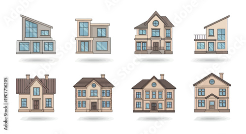 Set of eight modern and traditional residential houses with various architectural styles.