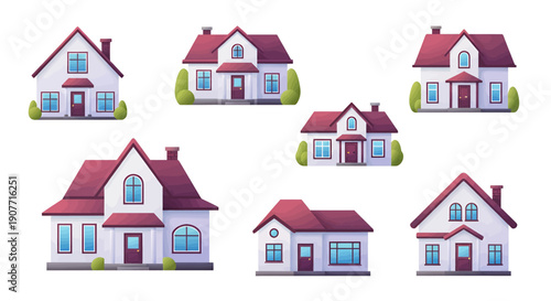 Set of various cartoon houses with red roofs and white walls.