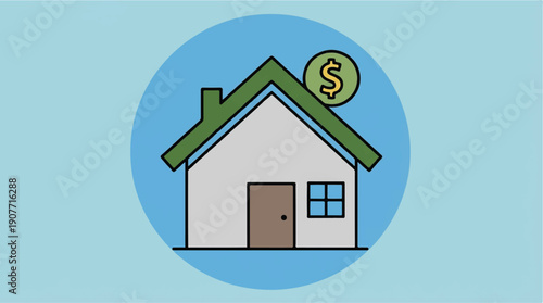 Cartoon house with green roof and dollar sign on blue background