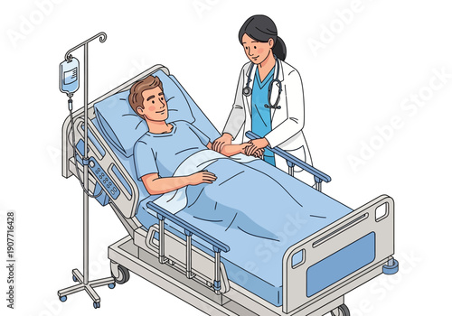 Doctor tending to a patient in a hospital bed with an IV drip