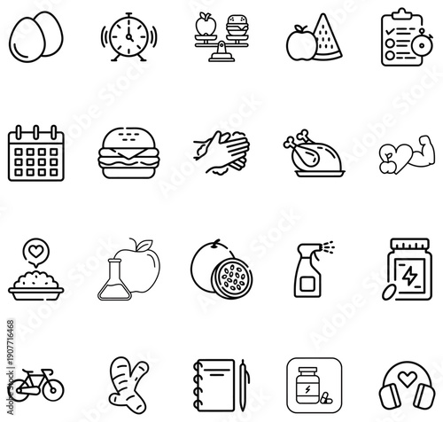 Collection of black line representing healthy lifestyle food fitness and wellness