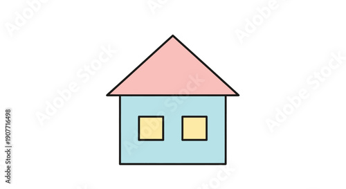 Simple House Drawing with Blue Walls and Pink Roof.