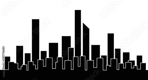 Abstract City Skyline Silhouette with Varied Building Heights on Isolated White Background