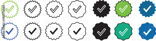 Set of blue verified badge icons with white checkmarks. Account verification symbols. Modern checkmark icons. Isolated vector illustration.
