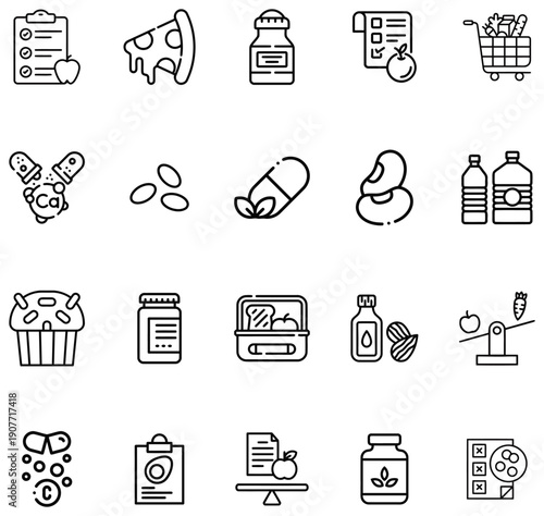 Collection of line representing healthy eating and nutrition concepts food diet