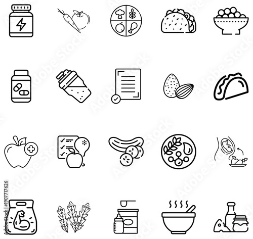 Collection of line representing healthy food nutrition and fitness supplements