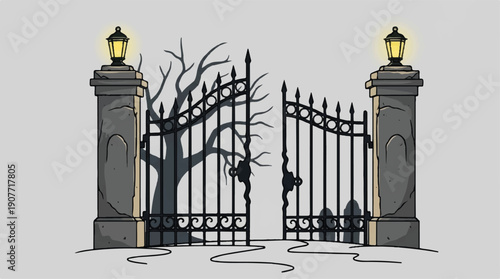 cartoon spooky old gate with lanterns on pillars and bare tree
