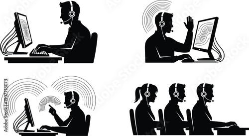 Collection of black customer service silhouettes with support agents wearing headsets at computers, cad drawing flat vector illustration for business.