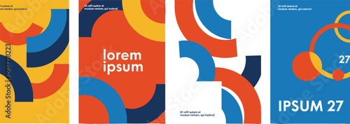 Collection of four abstract geometric posters with colorful circles and semi-circles, cad drawing flat vector illustration for modern design, various.