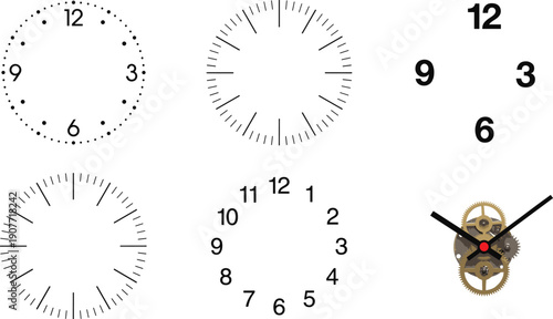 Clock Face Elements Collection, Analog Watch Dials Numbers and Hands, Time Measurement Design Components Isolated on White Background Vector Set