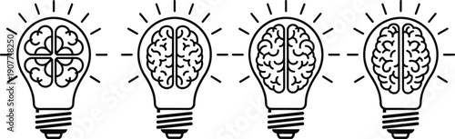 Concept of collective intelligence and creative brainstorming featuring four light bulbs with human brains inside as flat vector line art.