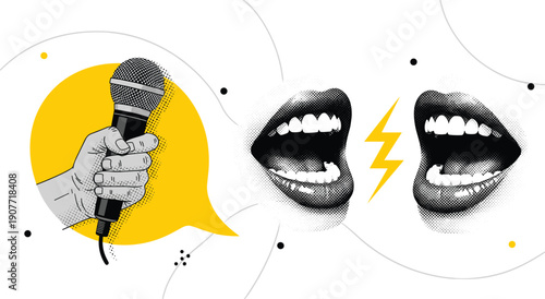 Hand holding microphone with two open mouths and lightning bolt in pop art style, cad drawing flat vector illustration, design.
