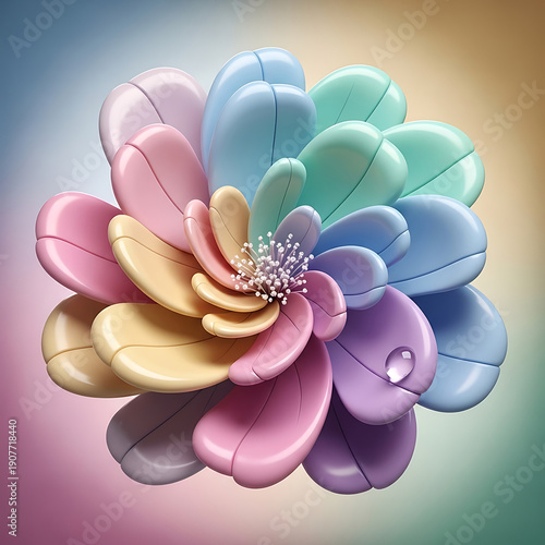 Colorful flower with multiple petals and water droplet on gradient background transparent background