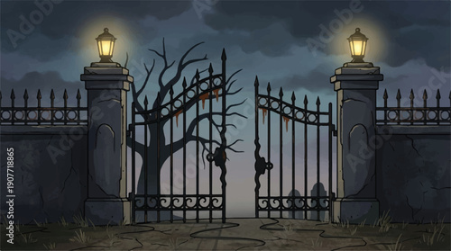 cartoon spooky old iron gate with lamps on stone pillars at night