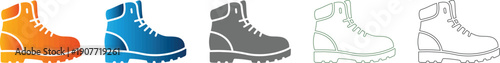 Hiking boot icon set, flat design, adventure footwear vector illustration