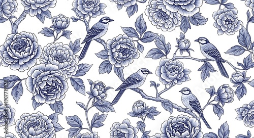 Elegant blue floral pattern with birds and roses on white background creating a classic design