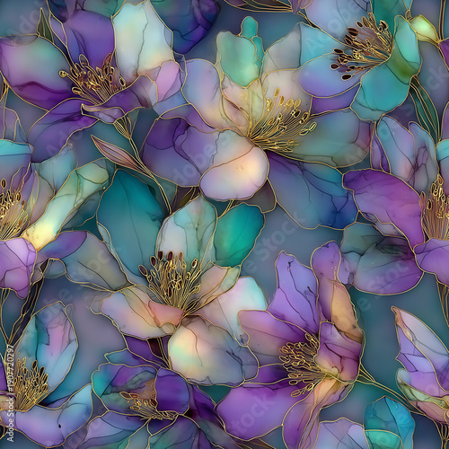 Seamless alcohol ink pattern of iridescent blue and violet flowers with thin gold outlines.