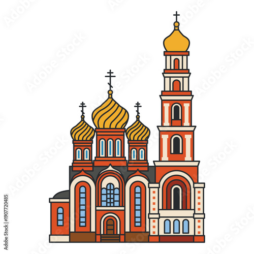 Orthodox church with golden onion domes and tall bell tower. Symmetrical facade in flat cartoon style with bold outline. Illustration. Object isolated on white background.