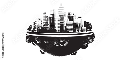 Isolated Cityscape on Spherical Landmass Abstract Concept.City skyline silhouette.