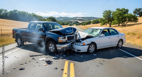 Damaged truck and car crashed on rural road accident