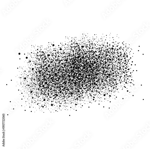 Abstract black ink splatter spray texture with dust particles.