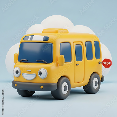 Cute cartoon yellow school bus with smiling face and stop sign side view transparent background