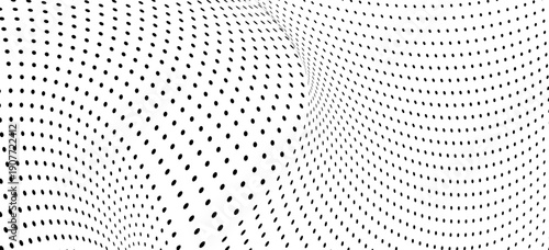 Monochrome abstract dotted surface with flowing wave distortion and optical illusion effect.