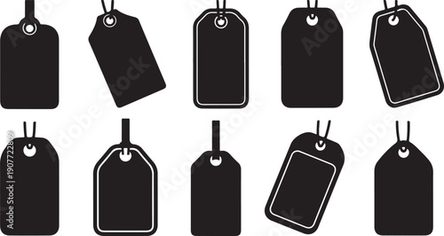Collection of blank black price tags on white background